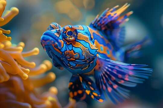 AI-generated illustration of a colorful mandarinfish swimming in a coral reef
