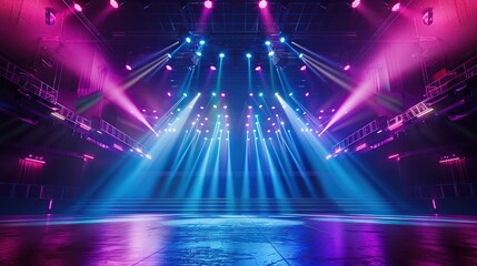 An empty stage with colorful lights illuminates the atmosphere of the concert