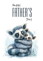 Lemur dad with children and "Happy Father's Day" inscription on a white background, vector illustration