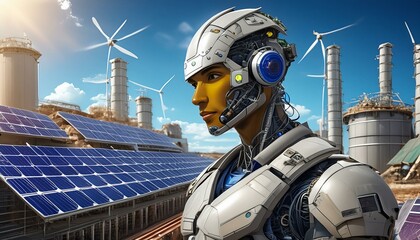 An android with solar panels for skin, powering a large recycling plant that processes mount