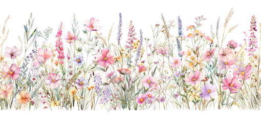 Lush wildflower watercolor border illustration. Seamless file.