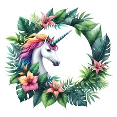 Watercolor illustration of a frame with tropical plants and unicorn. Invitation card.  Greeting card. 