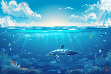 Fototapeta premium Vibrant underwater scene depicting various colorful fishes, corals, and bubbles, commemorating World Oceans Day.