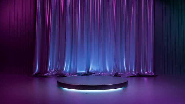Podium for product display animation. satin fabric curtain, 3d render, realistic style. Beautiful neon colors, dark background. template for showcase, presentation. Looped motion graphics, platform