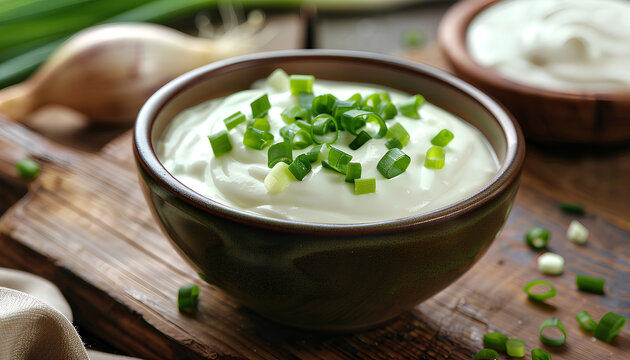Bowl of tasty sour cream with green onion on table, closeup