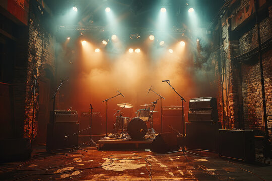 Empty concert stage with musical instruments awaits the performance of a band, moments before the show begins