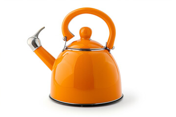 A retro-style electric kettle with a vibrant orange enamel finish and a whistle spout isolated on a solid white background.