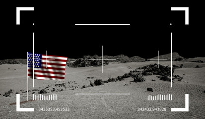 Space view through viewfinder display. Flag of USA on cosmic surface of planet or asteroid landscape