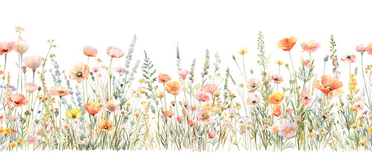 Watercolor field of poppies and wild herbs painting. Seamless file.