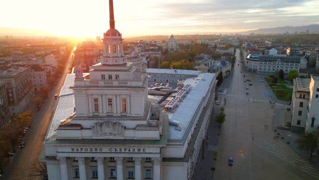 Aerial drone shot of the National Assembly in Sofia. High angle footage of Independance Square , the Presidency Bulgaria and the Counsil of Ministers of Bulgaria.

