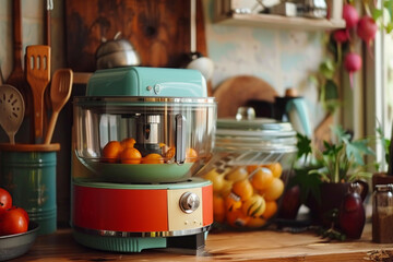 A retro-style food processor with a colorful design, adding a playful touch to the kitchen.