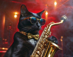 A sleek black cat playing a saxophone in a dimly lit jazz club, wearing sleek, metallic sunglasses - obrazy, fototapety, plakaty