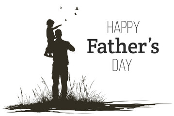 Happy Fathers Day flyer, banner or poster, silhouette of a father holding his child hand. Vector