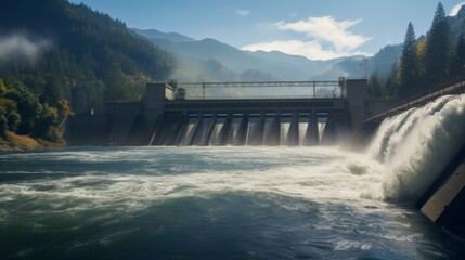 The steady flow of water from a hydroelectric dam blends with the tranquil beauty of forested mountains, symbolizing sustainable energy practices