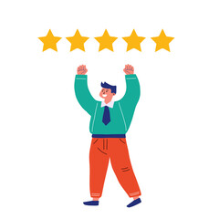 Customer feedback, 5 stars. Cartoon happy man rejoice at the gold stars. Flat vector illustration. Isolated on white.