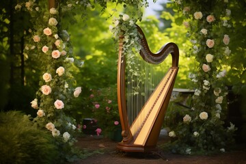 Dynamic photo of a harp standing in a garden gazebo, with climbing vines and flowers, perfect for themes of elegance and music in nature - obrazy, fototapety, plakaty