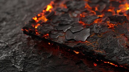 Illuminated edge of charred surface with embers