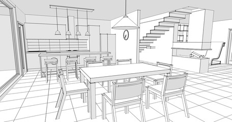 Fototapeta premium interior kitchen living room 3d illustration 