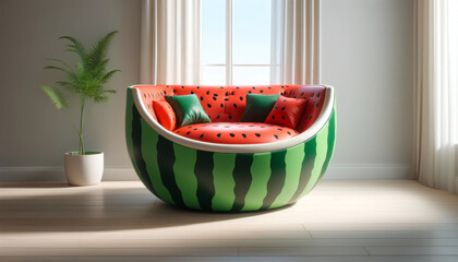A creatively designed sofa with watermelon theme placed in a minimalist room with natural light. - obrazy, fototapety, plakaty