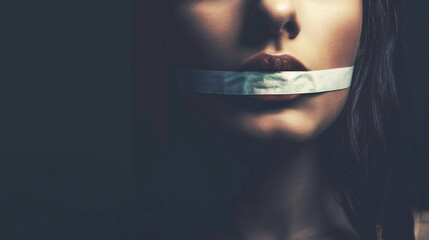 Woman mouth sealed with tape, on dark background with space for text, Freedom of expression concept