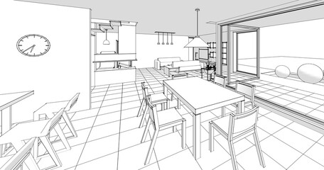 interior kitchen living room 3d illustration	
