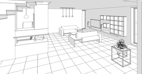 interior kitchen living room 3d illustration	
