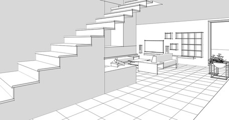 interior kitchen living room 3d illustration	
