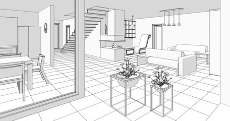 interior kitchen living room 3d illustration	
