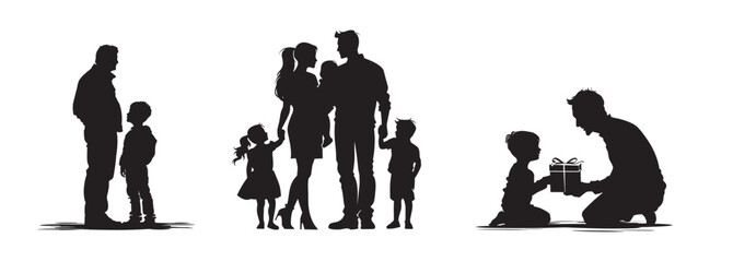 Happy Fathers Day flyer, banner or poster, silhouette of a father holding his child hand. Vector
