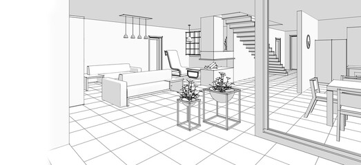 interior kitchen living room 3d illustration	
