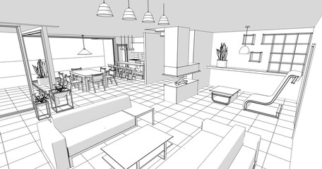 Fototapeta premium interior kitchen living room 3d illustration 