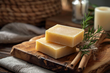 Natural handmade soap with rosemary and cinnamon on a wooden board.
