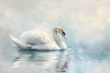 Graceful swan floating on calm water, surrounded by soft, ethereal light, creating a serene and tranquil atmosphere