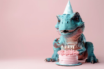 Cute dinosaur with birthday cake on pink background. Copy space.