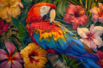 Obraz premium Vibrant macaw parrot amongst tropical flowers, illustrating a colorful spectacle of nature's beauty