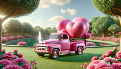 A whimsical 3D rendering of a vintage pink pickup truck filled with heart-shaped balloons. - obrazy, fototapety, plakaty
