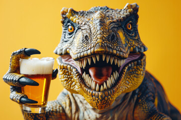 Funny portrait of brutal dinosaur with a glass of beer on yellow background. Close-up.