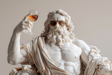 Sculpture of Zeus in sunglasses with a glass of expensive whiskey on a gray background.