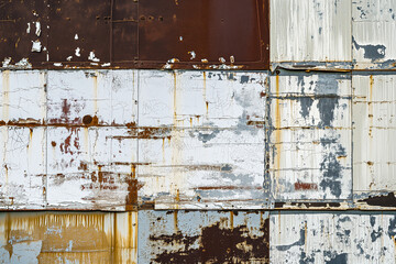 Vintage background of different old metal sheets fastened together with nails and rivets. Texture of rust and cracked paint on a metal surface.