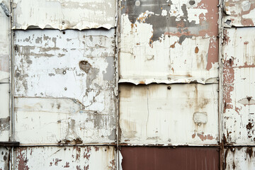 Vintage background of different old metal sheets fastened together with nails and rivets. Texture of rust and cracked paint on a metal surface.
