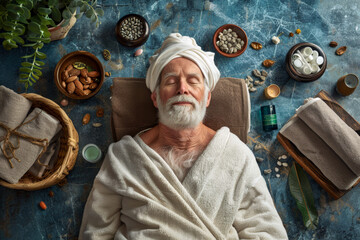 Top view of senior man in spa salon lying on massage table.