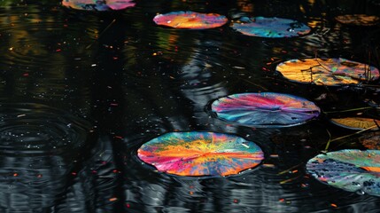 In the tranquil embrace of stillness, oil colored circles in water drift lazily, their movements guided by the invisible hand of currents and eddies.
