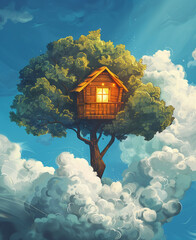  tree house above clouds, Fantasy concept  - obrazy, fototapety, plakaty