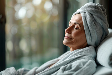 Relaxed senior woman in bathrobe relaxing on sofa at home