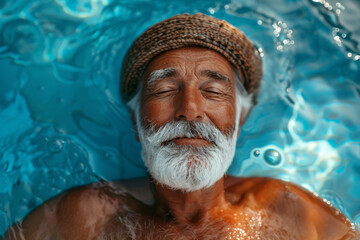 Portrait of a senior man relaxing in the swimming pool. He is wearing a hat.