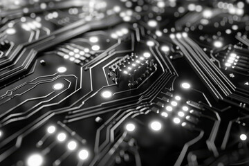 Black printed circuit board close-up. Technological background.