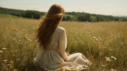 Woman in a white linen summer dress relaxing in a floral meadow during sunny spring day. Retro nostalgic aesthetic.
