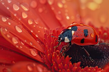 Close-Up Shot: Ladybug Resting on a Red Flower Petal with Dewdrops