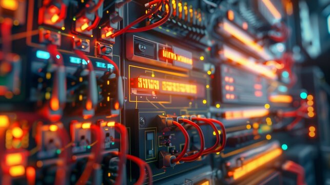 Electrical Circuits. The electric wire behind the control board with lighting effect, Industrial Electrical Concept.