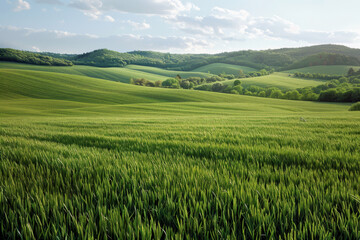 Fototapeta premium Beautiful summer landscape with green fields and blue sky with white clouds